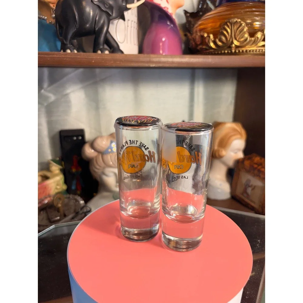 Hard Rock Cafe Las Vegas Save The Planet Shot Glass Pair with Pin Backs Clear